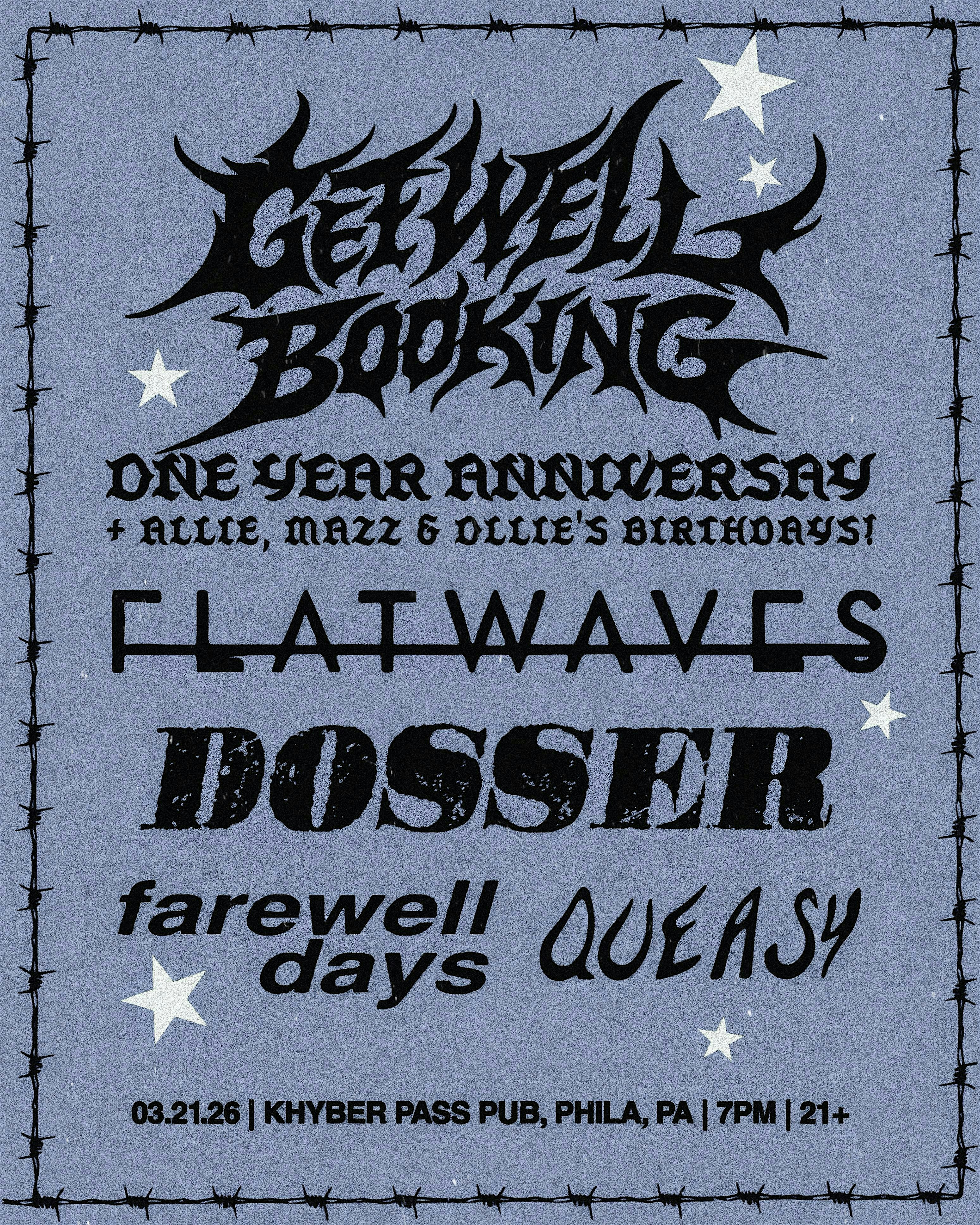 FLATWAVES, DOSSER, FAREWELL DAYS & QUEASY