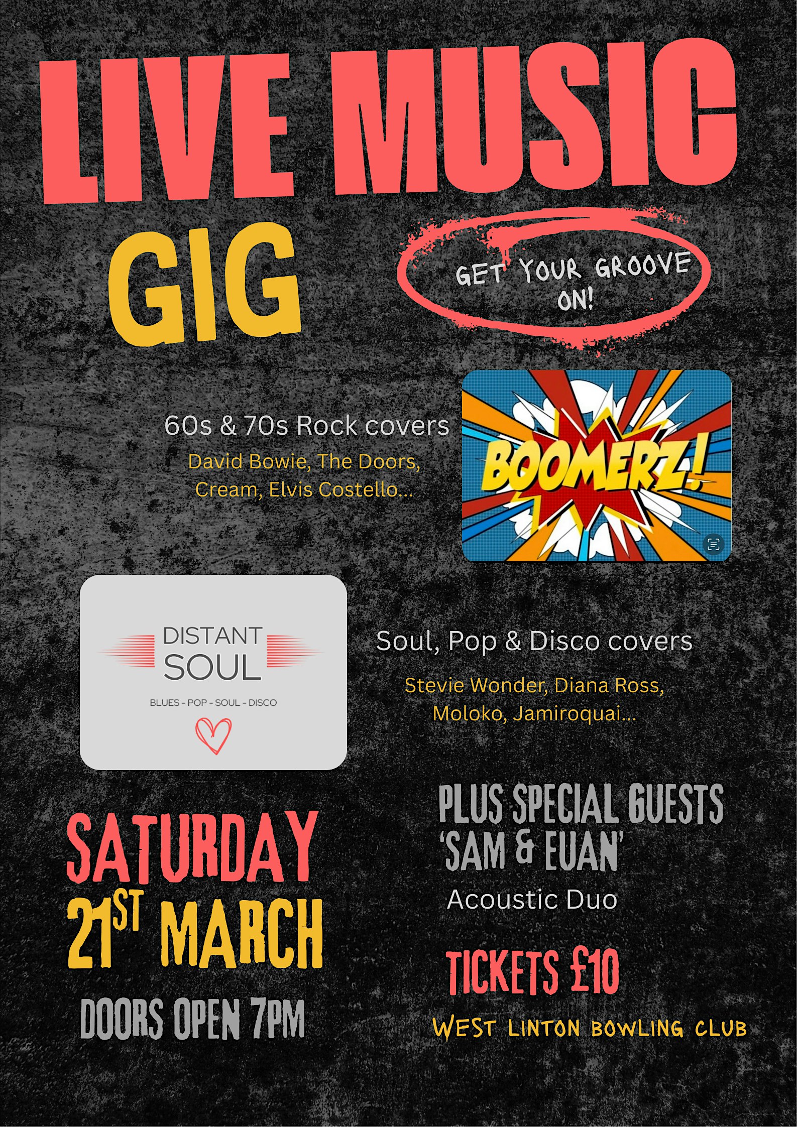 Live Music Gig - 3 cover bands playing rock, blues, soul & disco