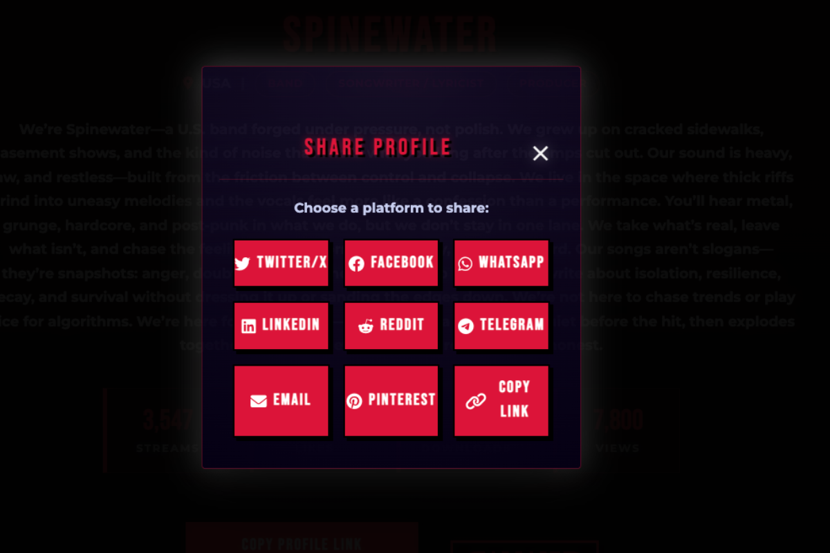 Share Artist Profile Interface